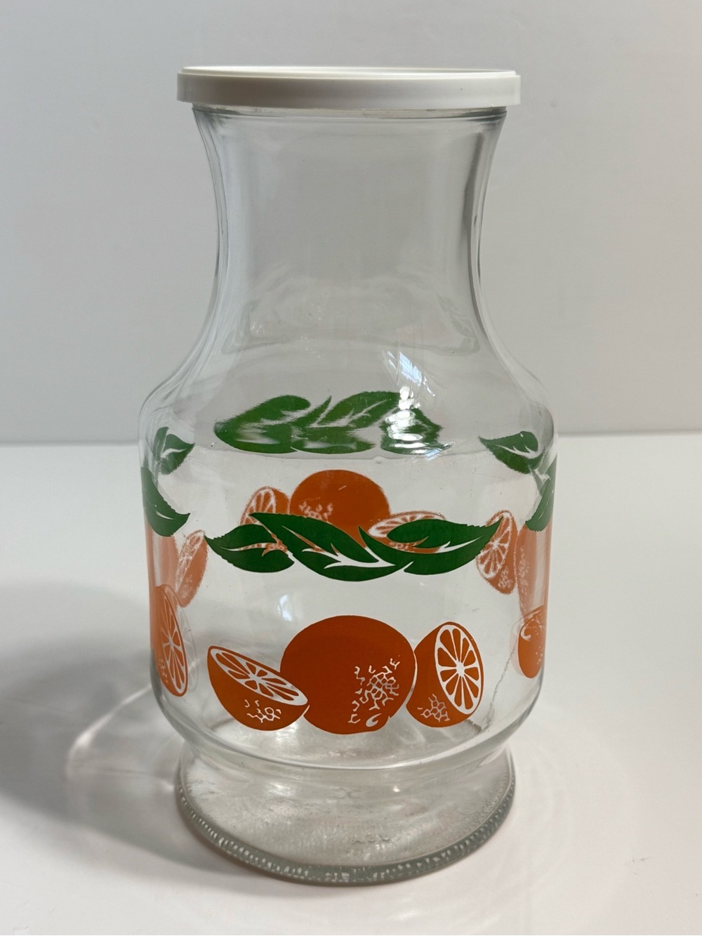 Vintage Anchor Hocking Orange Leaf Glass Juice Jug with Lid